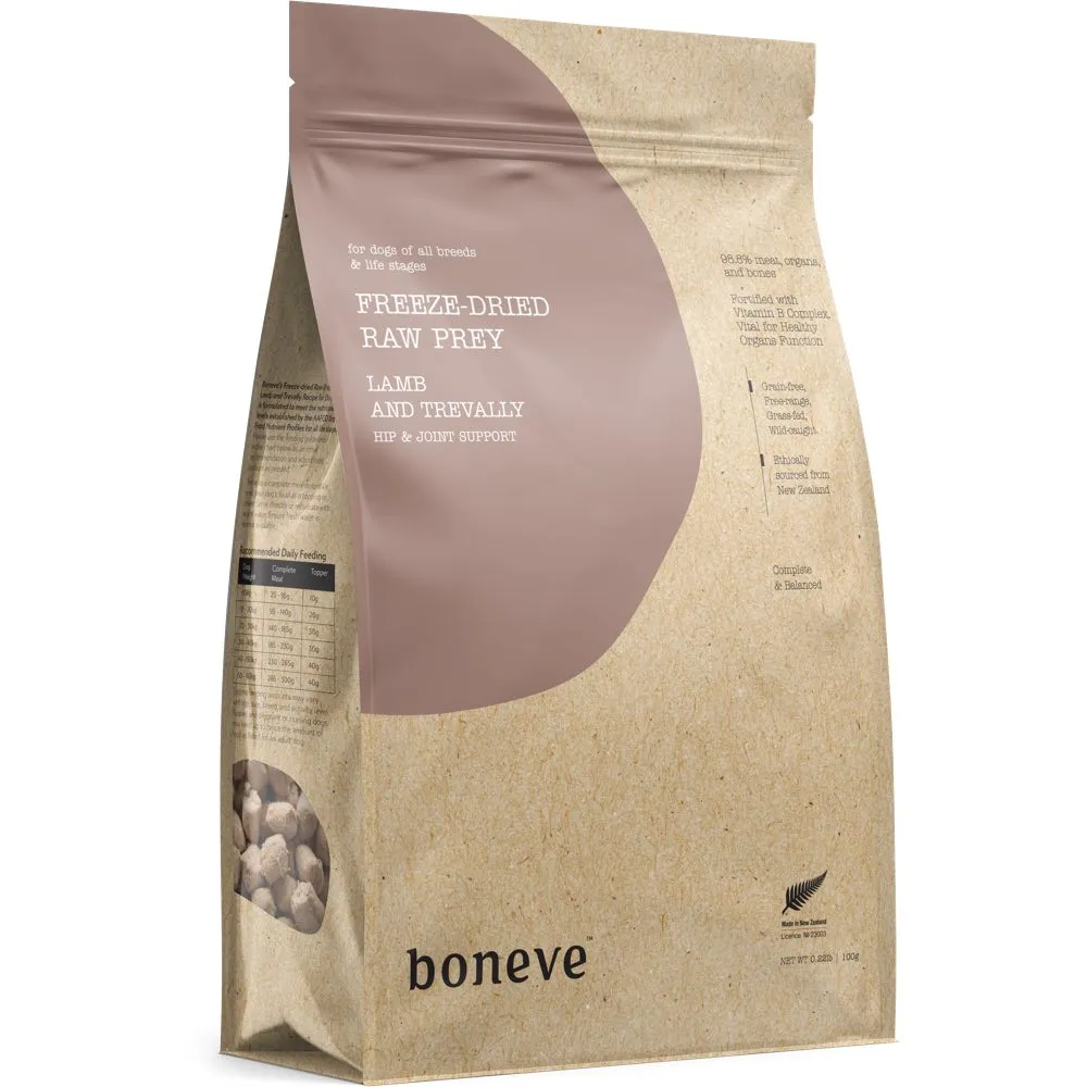 24% OFF 100g (Exp 27Apr25): Boneve Lamb & Trevally Hip & Joint Support Grain-Free Freeze-Dried Raw Dog Food