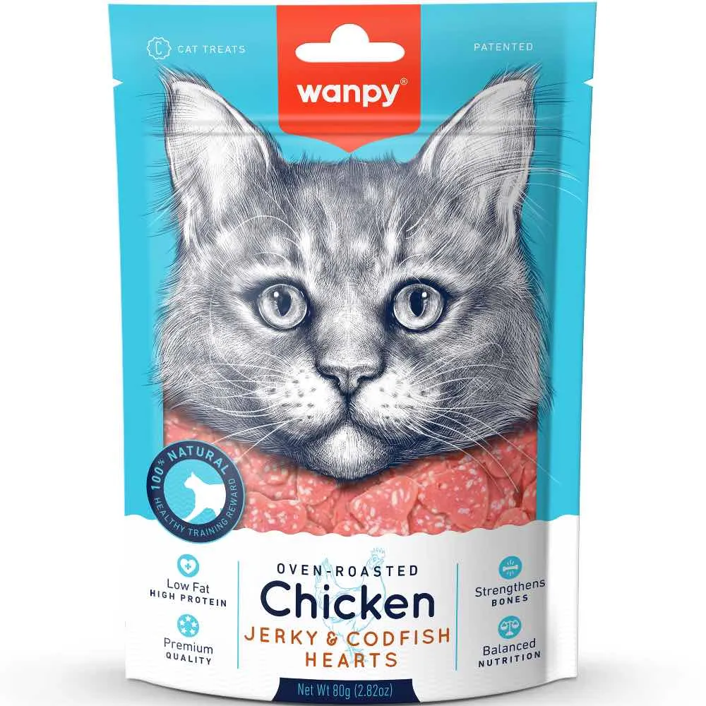 3 FOR $9.90: Wanpy Oven-Roasted Chicken Jerky & Codfish Hearts Cat Treats 80g