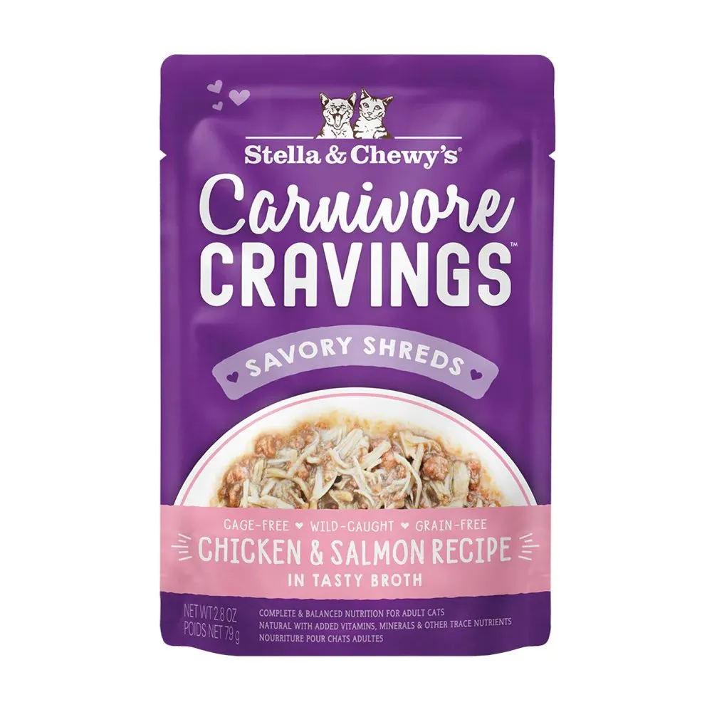 4 FOR $13.60: Stella & Chewy's Carnivore Cravings Savory Shreds Chicken & Salmon In Broth Grain-Free Pouch Cat Food 2.8oz