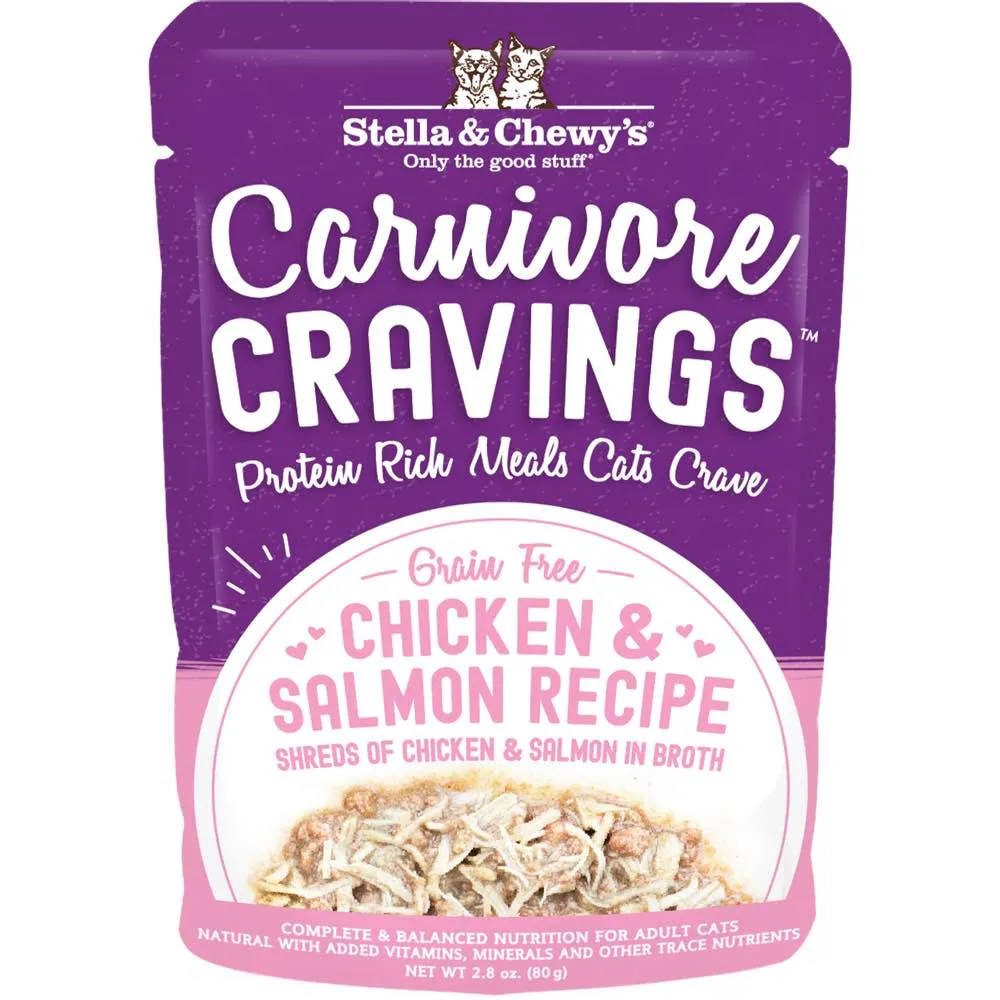 4 FOR $13.60: Stella & Chewy's Carnivore Cravings Savory Shreds Chicken & Salmon In Broth Grain-Free Pouch Cat Food 2.8oz