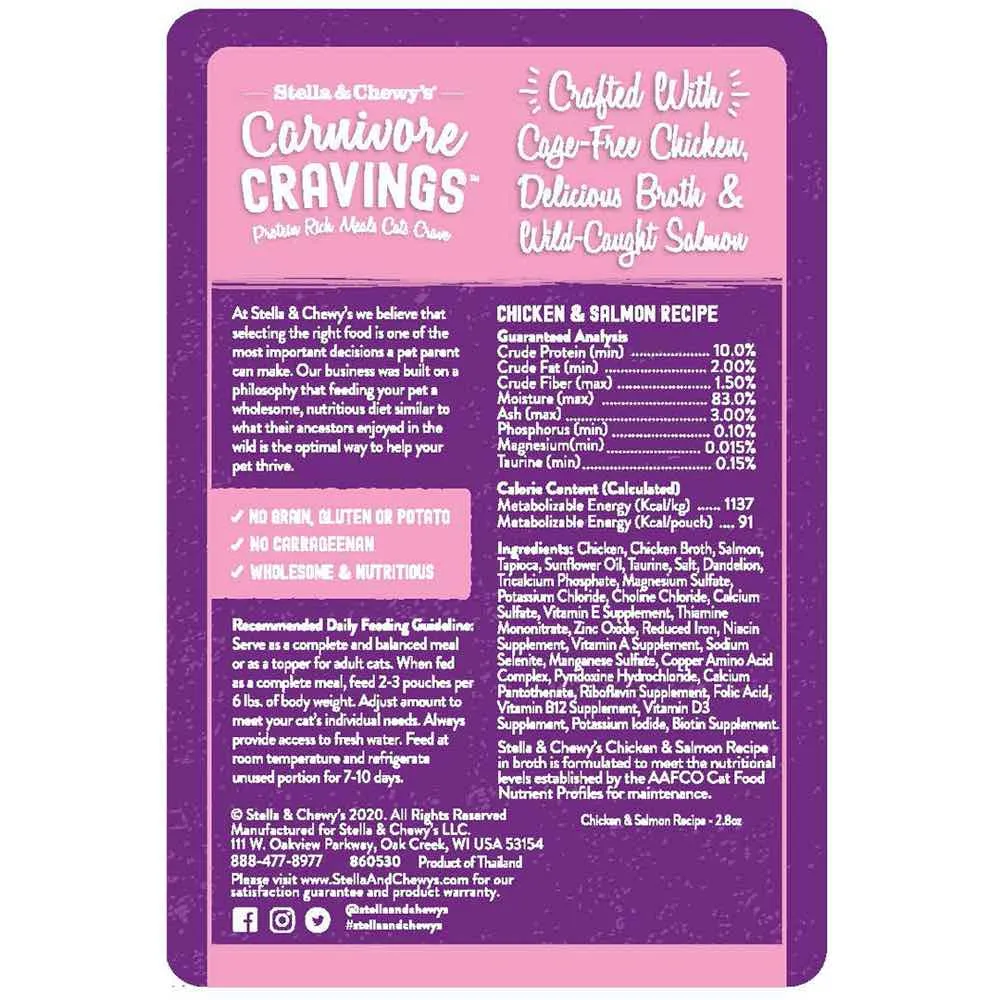 4 FOR $13.60: Stella & Chewy's Carnivore Cravings Savory Shreds Chicken & Salmon In Broth Grain-Free Pouch Cat Food 2.8oz