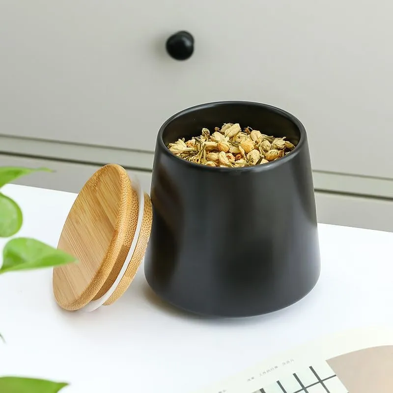 Heart Home Ceramic Jar | Food Storage Jar | Kitchen Storage Jar | Round Jar for Home | Sugar Storage Jar | Airtight Bamboo Lid | YX01-S-BK | 500 ML | Black