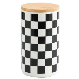 Homestic Ceramic Jar | Food Storage Jar | Kitchen Storage Jar | Round Jar for Home | Sugar Storage Jar | Airtight Bamboo Lid | Square Pattern | YX11-L-SQ | 1000 ML | Black-White