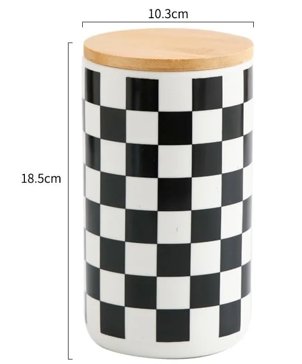 Homestic Ceramic Jar | Food Storage Jar | Kitchen Storage Jar | Round Jar for Home | Sugar Storage Jar | Airtight Bamboo Lid | Square Pattern | YX11-L-SQ | 1000 ML | Black-White