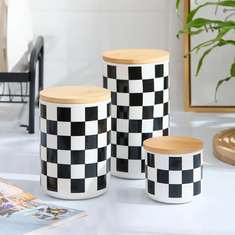 Homestic Ceramic Jar | Food Storage Jar | Kitchen Storage Jar | Round Jar for Home | Sugar Storage Jar | Airtight Bamboo Lid | Square Pattern | YX11-L-SQ | 1000 ML | Black-White