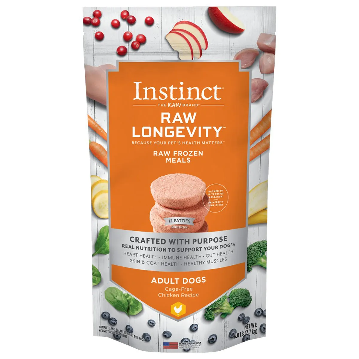 Instinct Raw Longevity Frozen Patties Cage-Free Chicken Recipe Dog Food 6lb