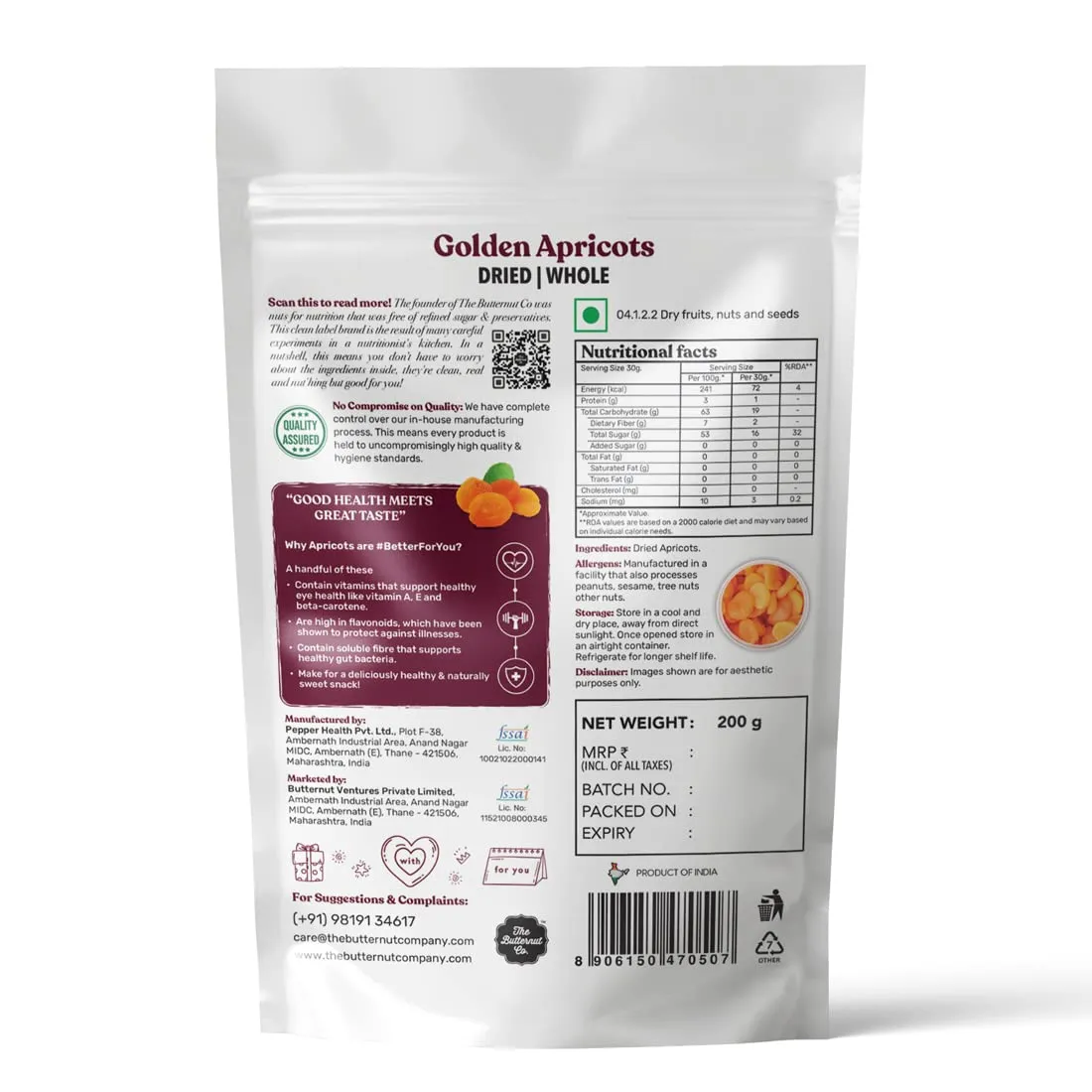 The Butternut Co. Dried Golden Apricots 200g | 100% Natural | High Fiber | Gluten Free | Naturally Sweet